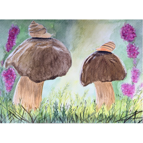 Snails on Mushrooms – Original Watercolor